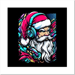 Santa Claus with headphones on his ears listening to music Posters and Art